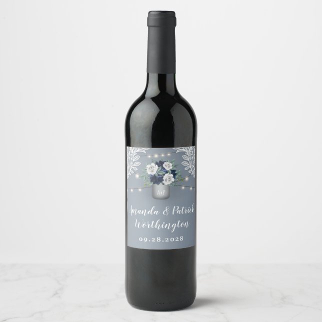 Dusty Blue Country White Lace Mason Jar Wedding Wine Label (Front)