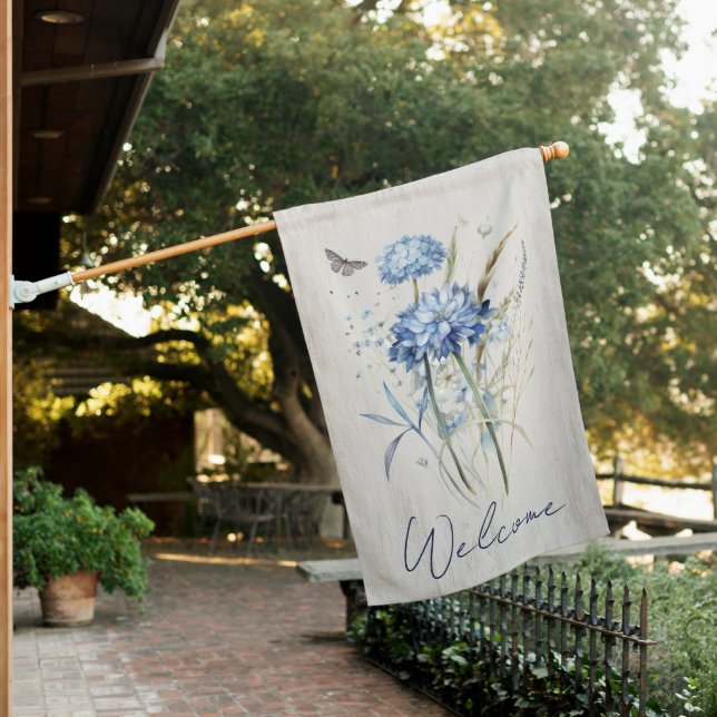 Dusty Blue Country Wildflower Bouquet Welcome House Flag (In SItu)