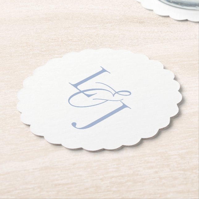 Dusty Blue Couple Initials Monogram Wedding  Paper Coaster (Angled)