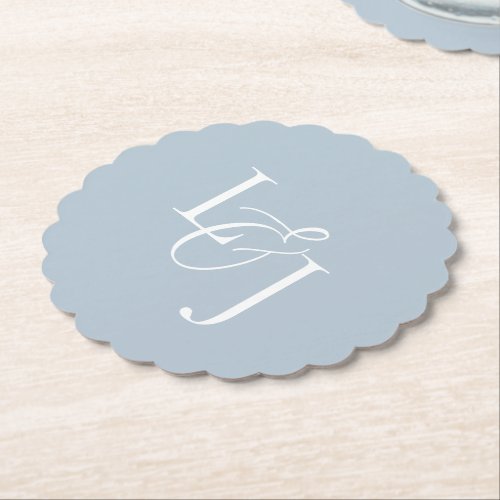  Dusty Blue Couple Initials Monogram Wedding Paper Coaster