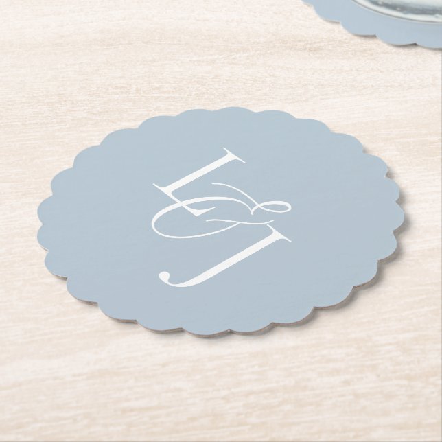  Dusty Blue Couple Initials Monogram Wedding Paper Coaster (Angled)