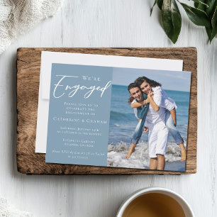 Dusty Blue Couple Photo Coastal Engagement Party Announcement