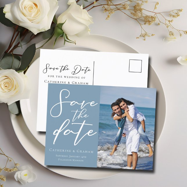 Dusty Blue Couple Photo Coastal Save the Date Announcement Postcard (Creator Uploaded)
