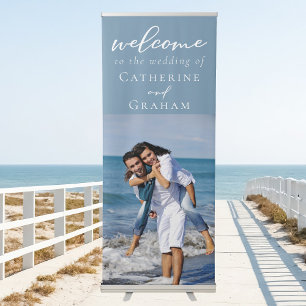 Dusty Blue Couple Photo Coastal Wedding Vertical Retractable Banner