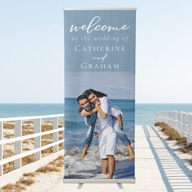 Dusty Blue Couple Photo Coastal Wedding Vertical Retractable Banner (Creator Uploaded)