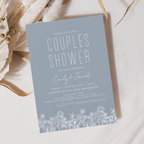 Dusty Blue Couples Shower Boho Wildflower  Invitation