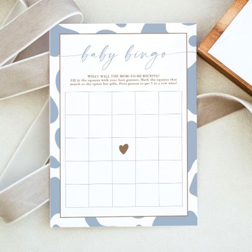 Dusty Blue Cow Print Baby Shower Bingo Game Card