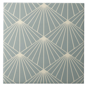 Dusty Blue & Cream Art Deco Fan Pattern Diamond Ceramic Tile
