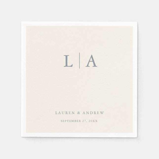 Dusty Blue & Cream Beige Monogram Elegant Wedding Napkins (Front)