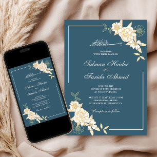Dusty Blue Cream Floral Branch Muslim Wedding Invitation