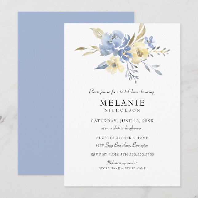 Dusty Blue Cream Floral Bridal Shower Invitation (Front/Back)