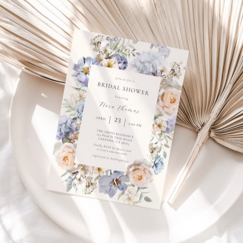 Dusty Blue Cream Floral Bridal Shower Invitation