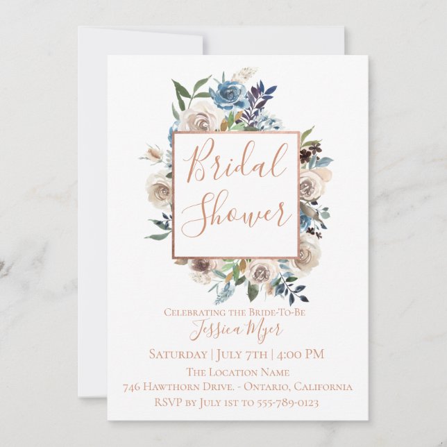 Dusty Blue Cream Floral Bridal Shower Invitation (Front)
