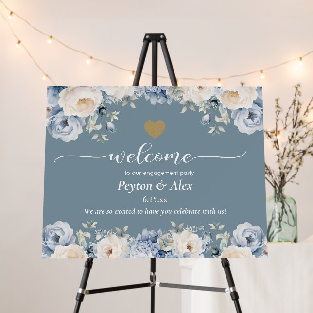 Dusty Blue Cream Floral Gold Heart Engagement Foam Board (In Situ (Stand))