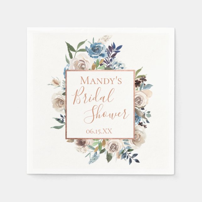 Dusty Blue Cream Floral Personalized Paper Napkins (Front)