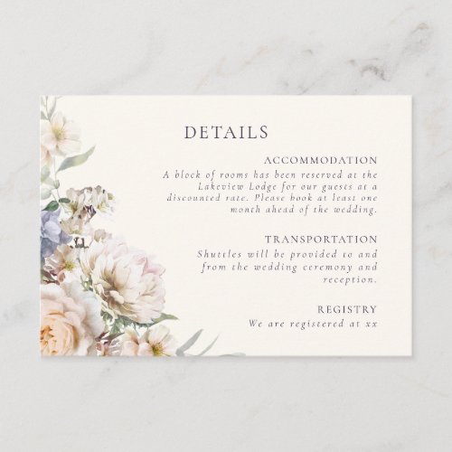 Dusty Blue Cream Floral Wedding Details Enclosure Card