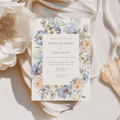 Dusty Blue Cream Floral Wedding Invitation