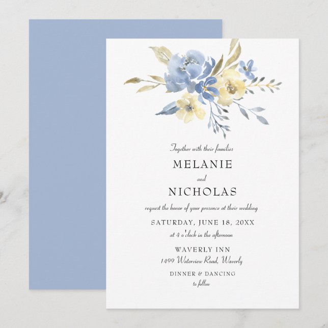 Dusty Blue + Cream Floral Wedding Invitation (Front/Back)