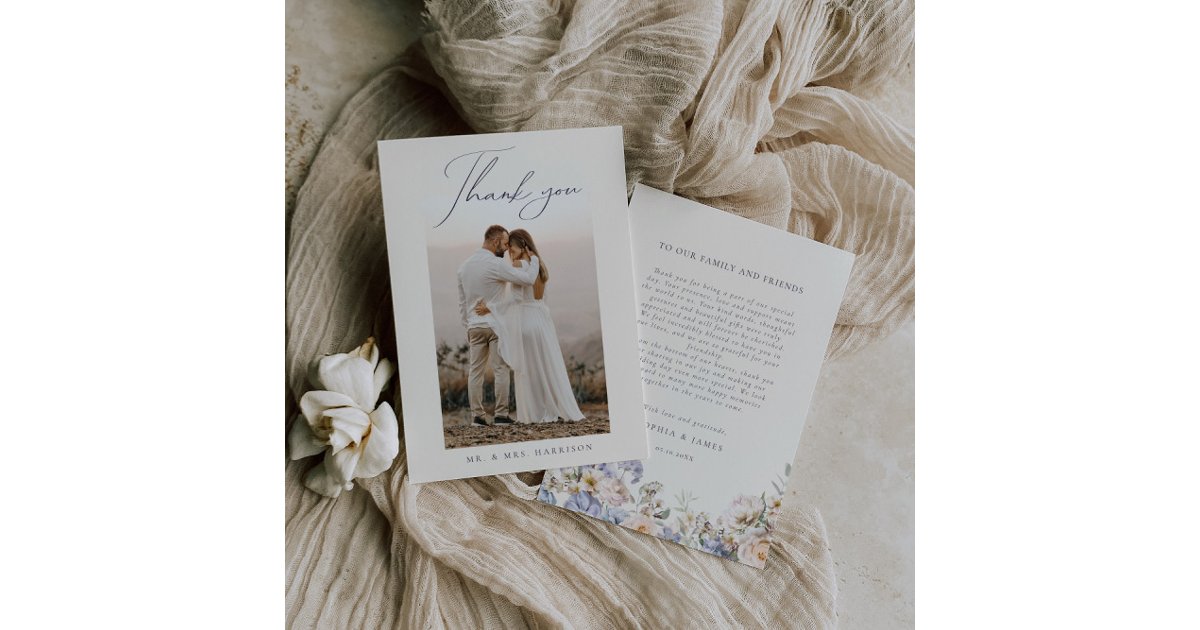 Dusty Blue Cream Floral Wedding Photo Thank You Card | Zazzle