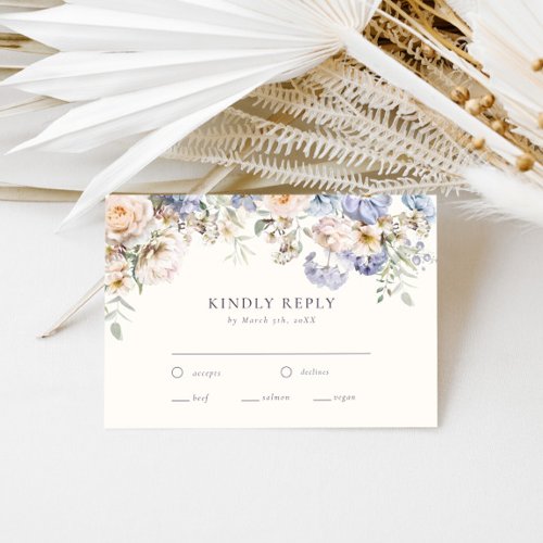 Dusty Blue Cream Floral Wedding RSVP Card