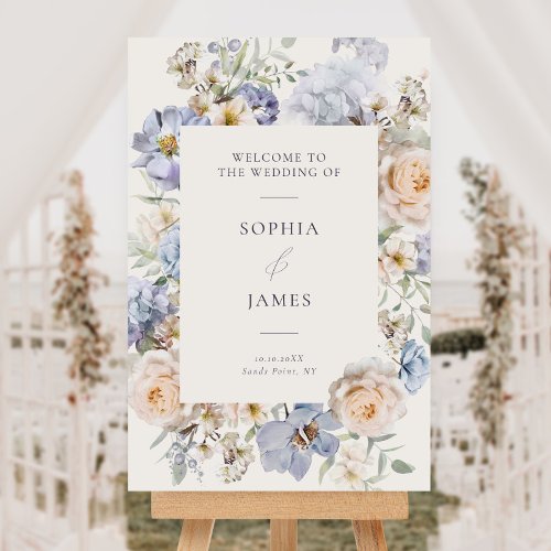 Dusty Blue Cream Floral Wedding Welcome Sign