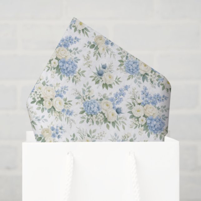 Dusty Blue Cream Florals Wedding Bridal Shower Tissue Paper (Gift Bag)