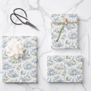 Dusty Blue Cream Florals Wedding Bridal Shower Wrapping Paper Sheets