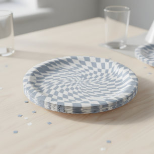 Dusty Blue & Cream Warped Checkered Swirl Hypnotic Paper Plates