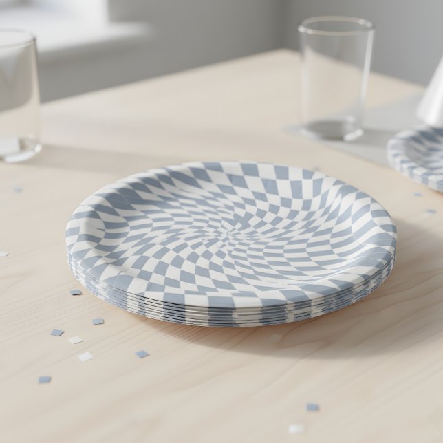Dusty Blue & Cream Warped Checkered Swirl Hypnotic Paper Plates (Creator Uploaded)