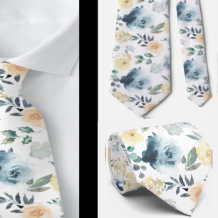 Dusty Blue Cream Watercolor Floral Roses Neck Tie