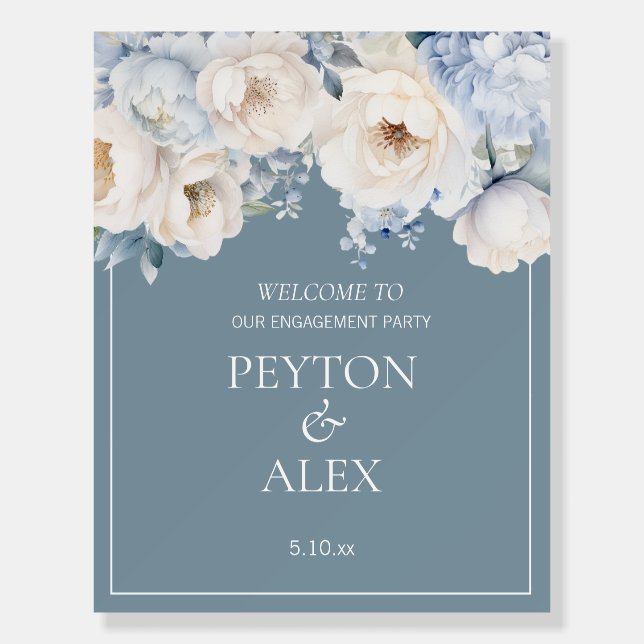 Dusty Blue Cream White Floral Engagement  Foam Board (Front)