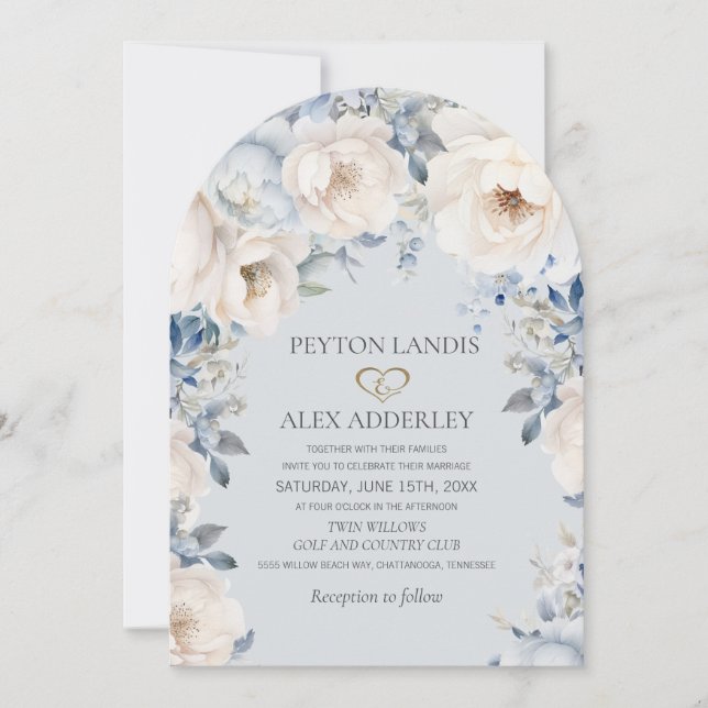 Dusty Blue Cream White Floral Gold Arch Wedding Invitation (Front)