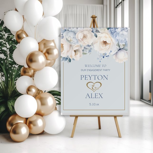 Dusty Blue Cream White Floral Gold Engagement  Foam Board (Dusty blue and cream-colored floral engagement party Welcome sign.)