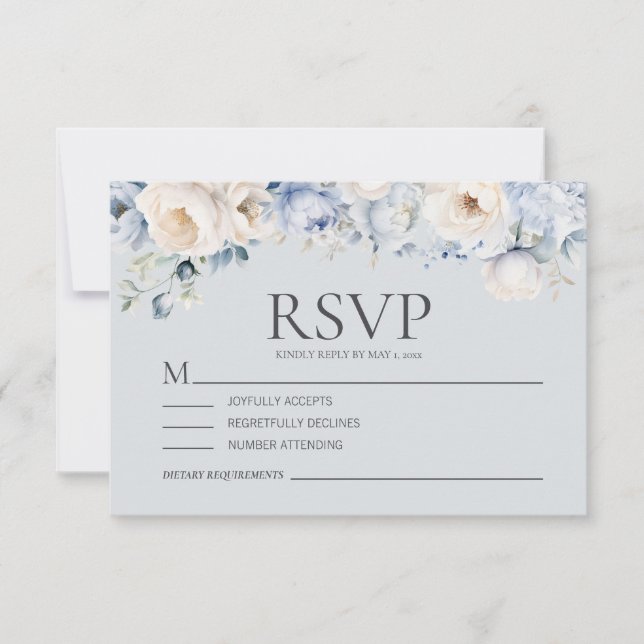 Dusty Blue Cream White Floral Wedding RSVP Card (Front)