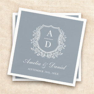 Dusty Blue Crest Elegant Monogram Wedding Napkins