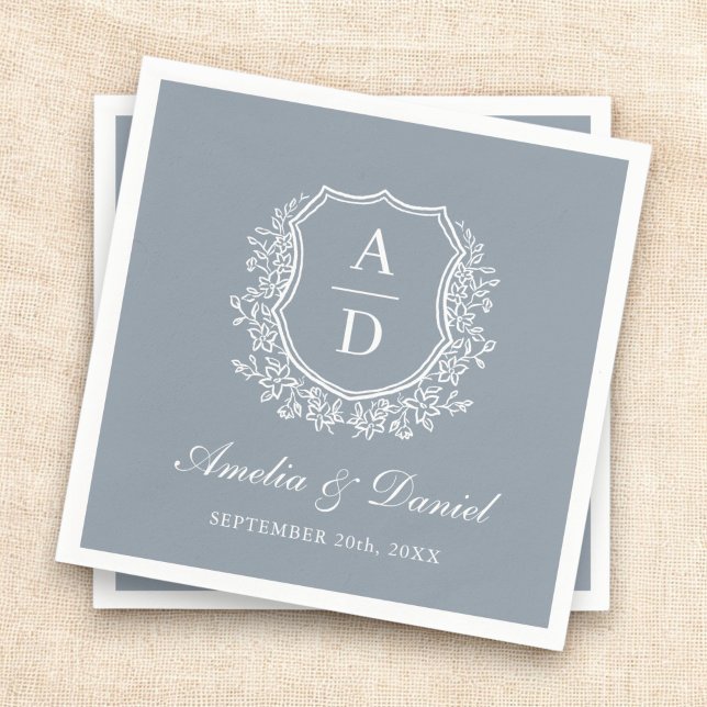 Dusty Blue Crest Elegant Monogram Wedding  Napkins (Creator Uploaded)