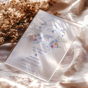 Dusty Blue Crest Floral Wedding Acrylic Invitations