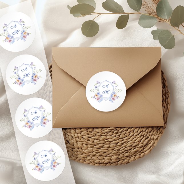 Dusty Blue Crest Floral Wedding Classic Round Sticker (Creator Uploaded)