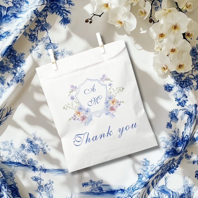 Dusty Blue Crest Floral Wedding Favor Bag (Creator Uploaded)