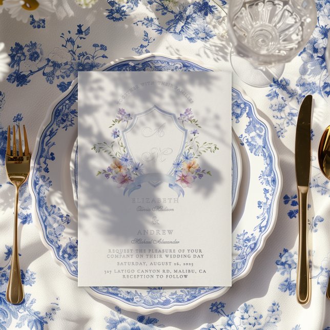 Dusty Blue Crest Floral Wedding Foil Invitation (Creator Uploaded)
