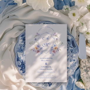 Dusty Blue Crest Floral Wedding Invitation