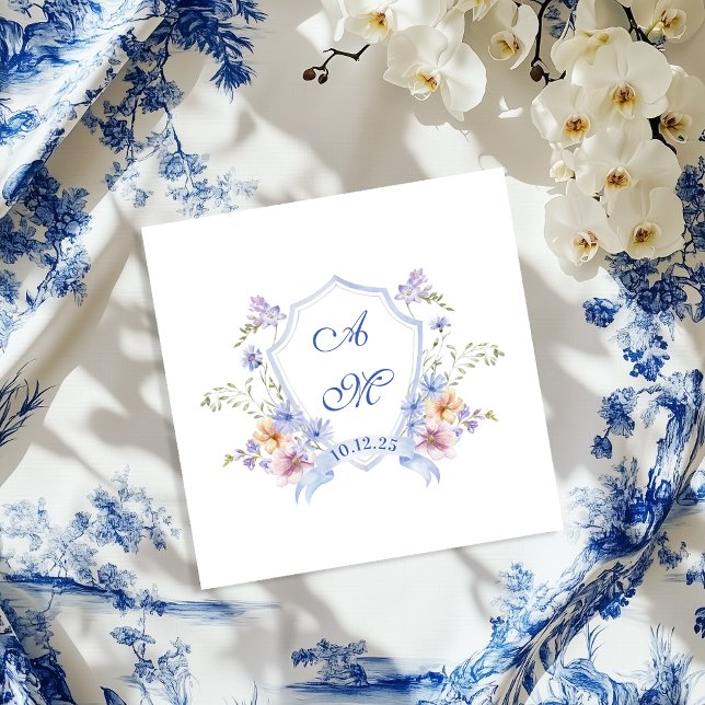Dusty Blue Crest Floral Wedding Napkins (Creator Uploaded)