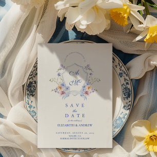 Dusty Blue Crest Floral Wedding Save The Date