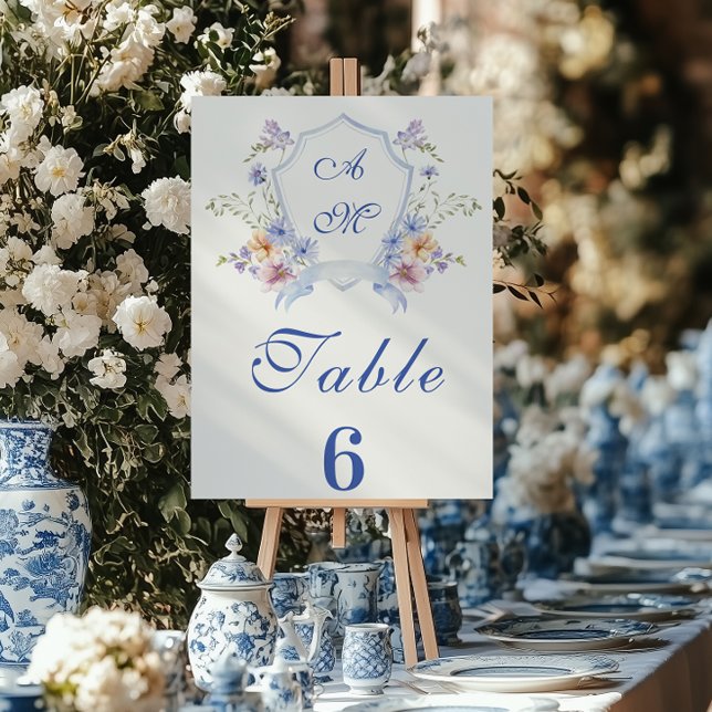 Dusty Blue Crest Floral Wedding Table Number (Creator Uploaded)