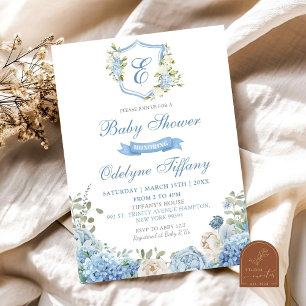 Dusty Blue Crest Hydrangea Floral Baby Shower Invitation