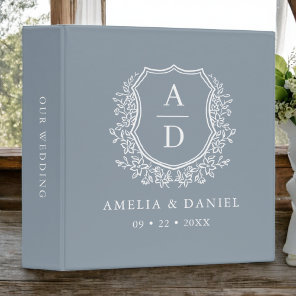 Dusty Blue Crest Modern Monogram Wedding  3 Ring Binder