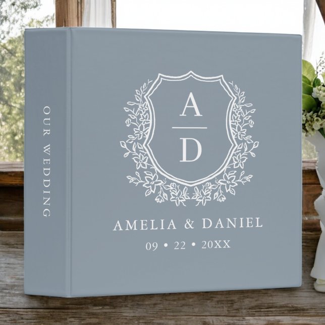Dusty Blue Crest Modern Monogram Wedding  3 Ring Binder (Creator Uploaded)