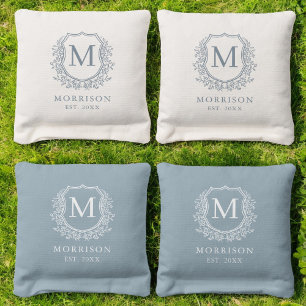 Dusty Blue Crest Modern Monogram Wedding  Cornhole Bags
