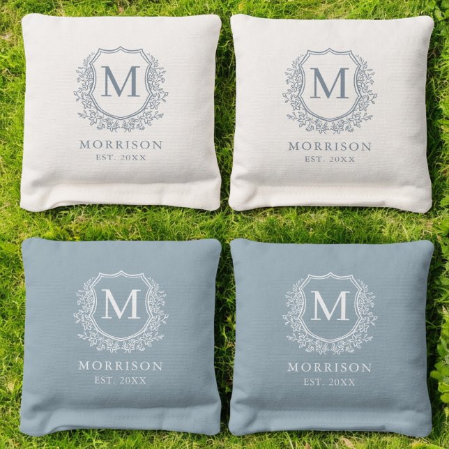 Dusty Blue Crest Modern Monogram Wedding  Cornhole Bags (Creator Uploaded)