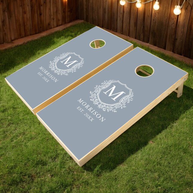 Dusty Blue Crest Modern Monogram Wedding  Cornhole Set (Creator Uploaded)